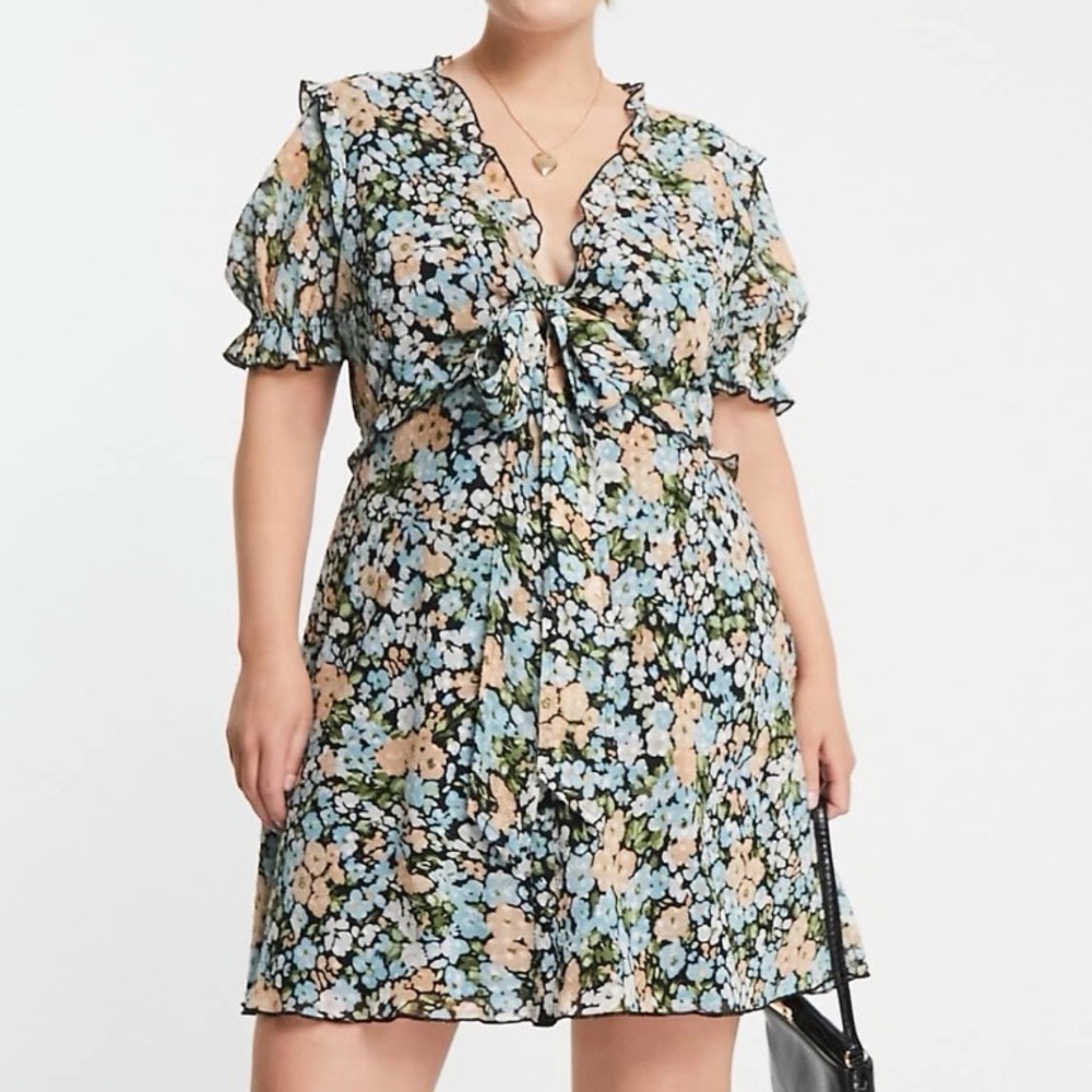 ASOS Curve Tie Front Floral Ruffle Dress with Cutout
